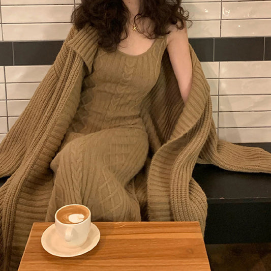 Knitted Cardigan Round Neck Dress Two-piece