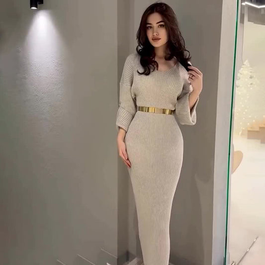 Knitted Pullover V-neck Long Slim Fit Dress
