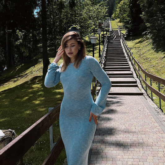 Knitted Backless Lace Up Slim-fit Long Sleeve Dress